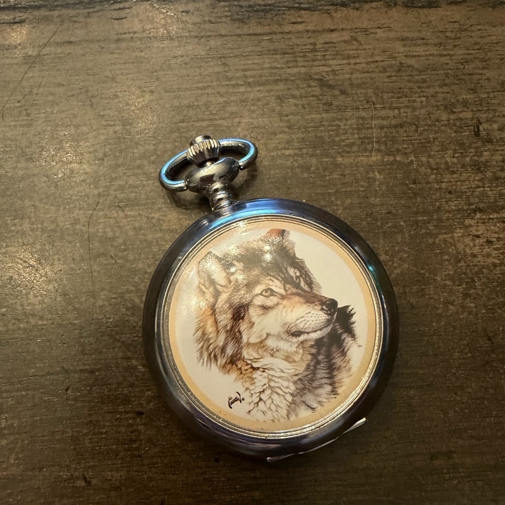 Wolf Illustration Silver Pocket Watch